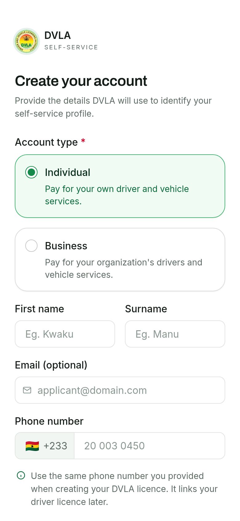 The official DVLA self-service sign-up page